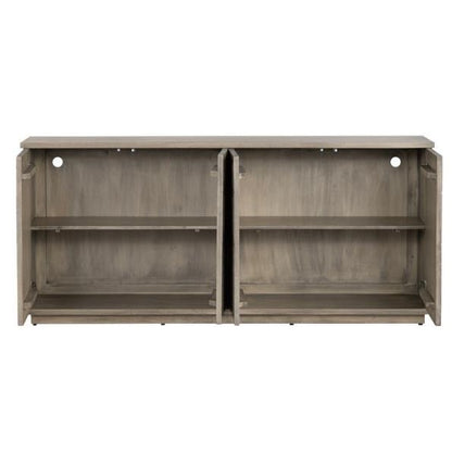 Wooden cabinet with shelves and cable cutouts, viewed from the back.