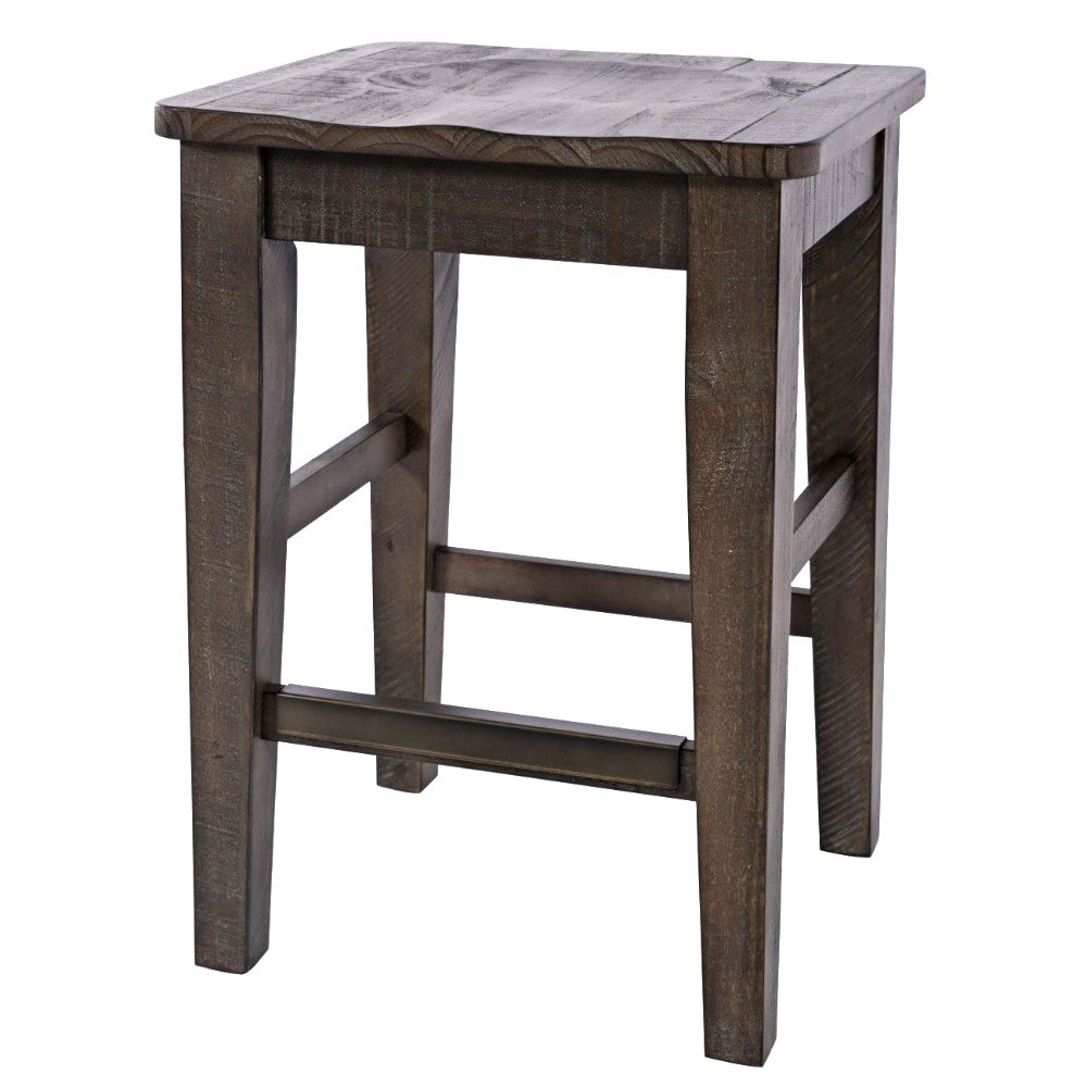 Dark wooden bar stool with a square seat and sturdy legs.