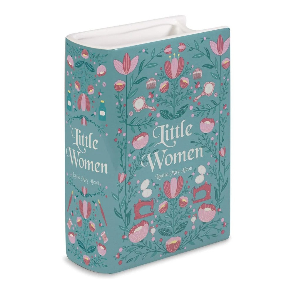 Novel vase with "Little Women" floral design, teal background.