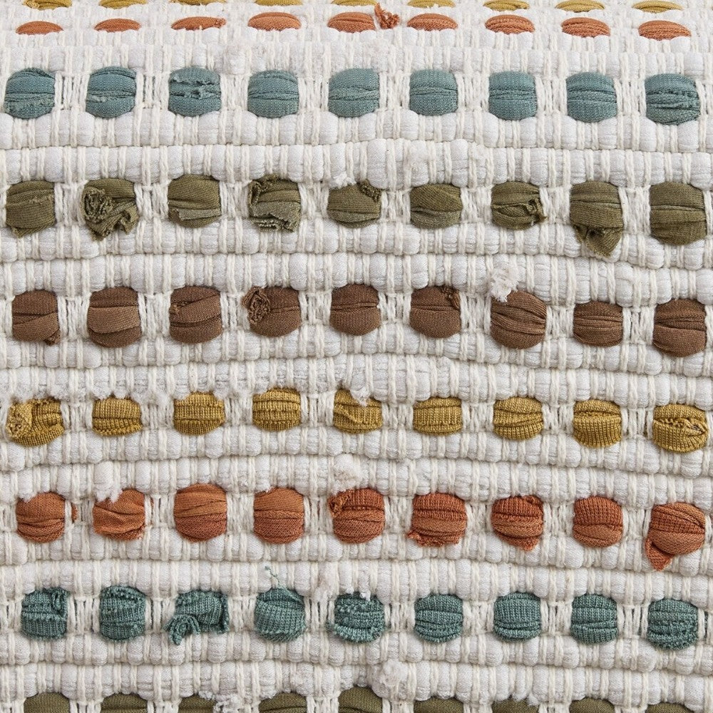 Woven fabric with colorful circular patterns in rows.