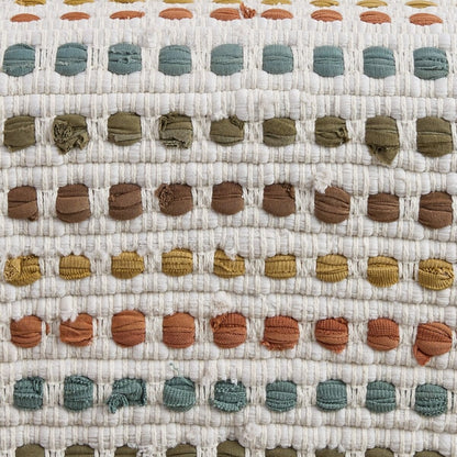 Woven fabric with colorful circular patterns in rows.