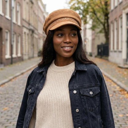 Woman in hat smiles on a cobblestone street.