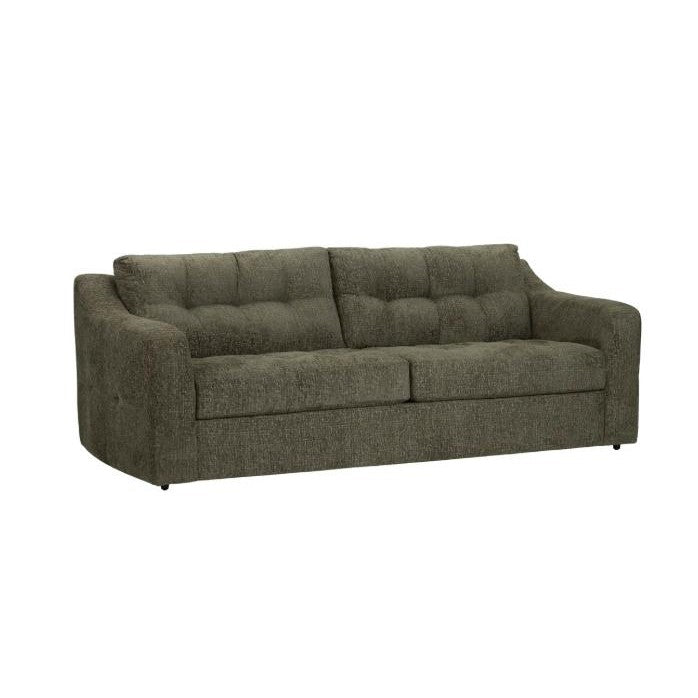 Gray, tufted, three-seater sofa on a white background.
