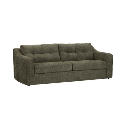 Gray, tufted, three-seater sofa on a white background.