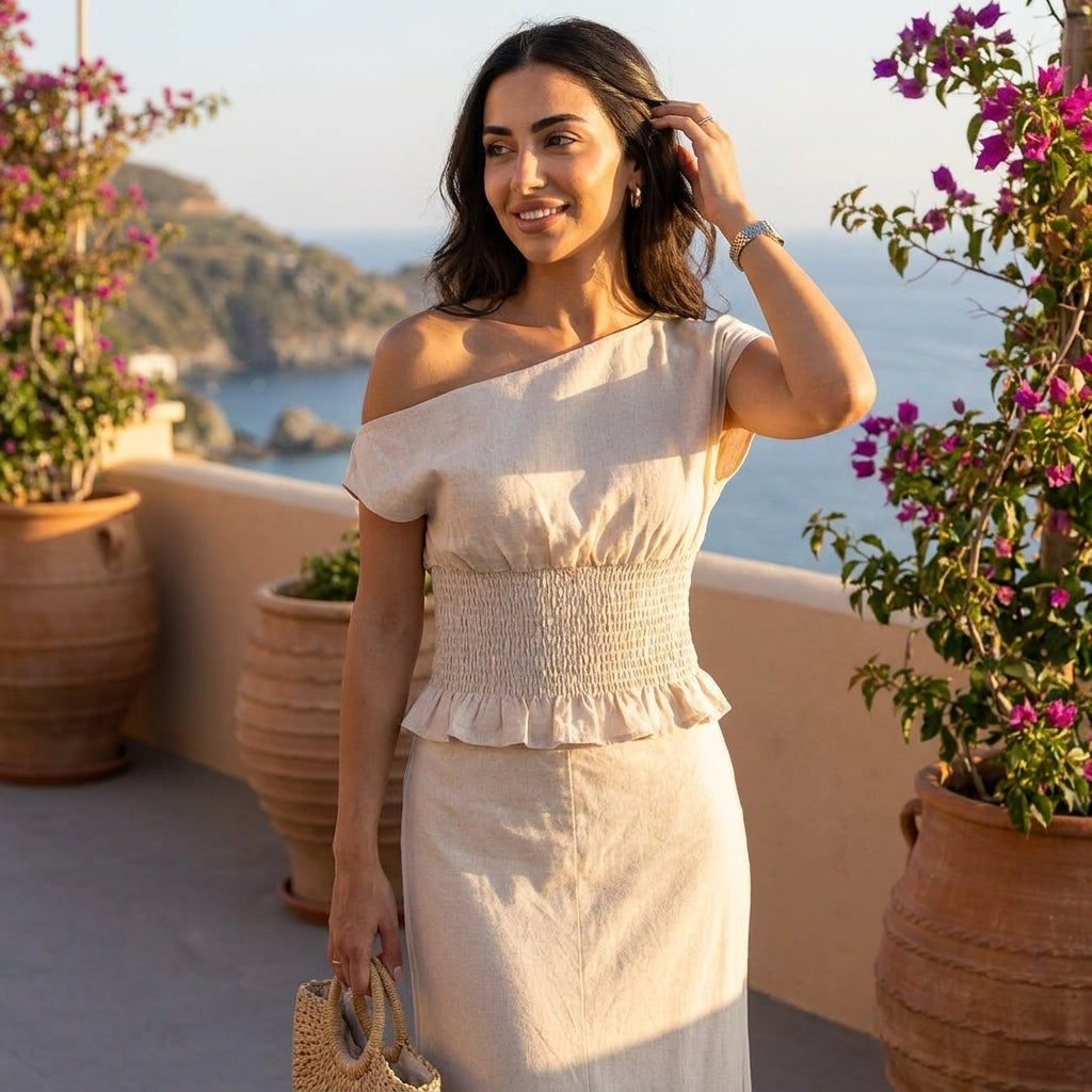 Woman in a beige dress on a terrace with sea view and potted flowers.