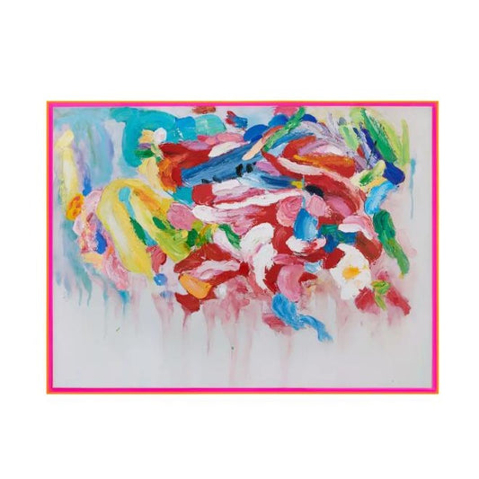 Vibrant abstract painting with bold, colorful brushstrokes on a white background.