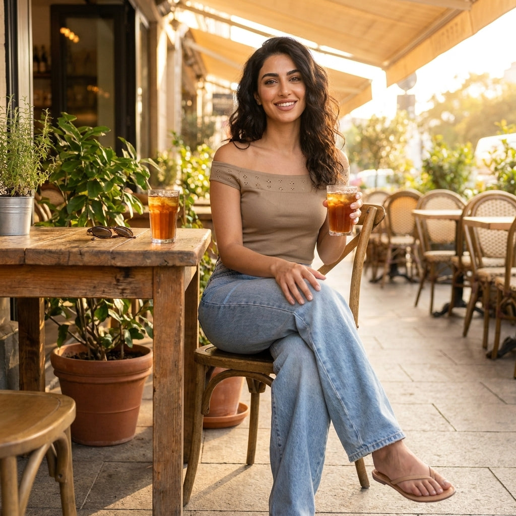 Woman enjoying iced tea at an outdoor café.