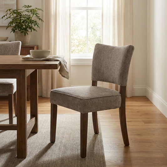Cozy dining area with wooden table, gray chairs, and natural light.