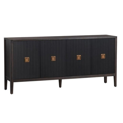 Sleek black cabinet with four doors and square handles.