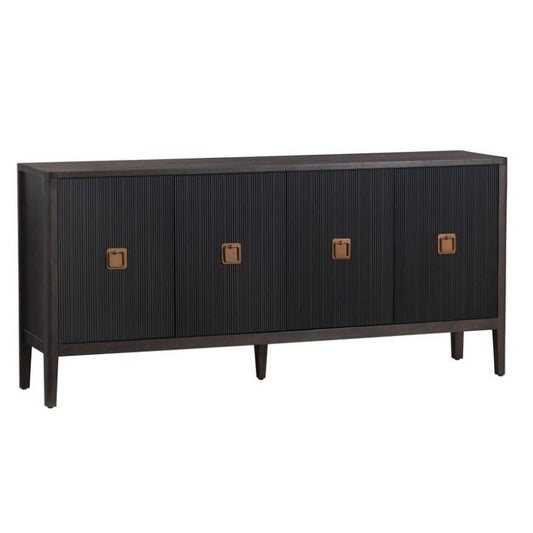 Sleek black cabinet with four doors and square handles.