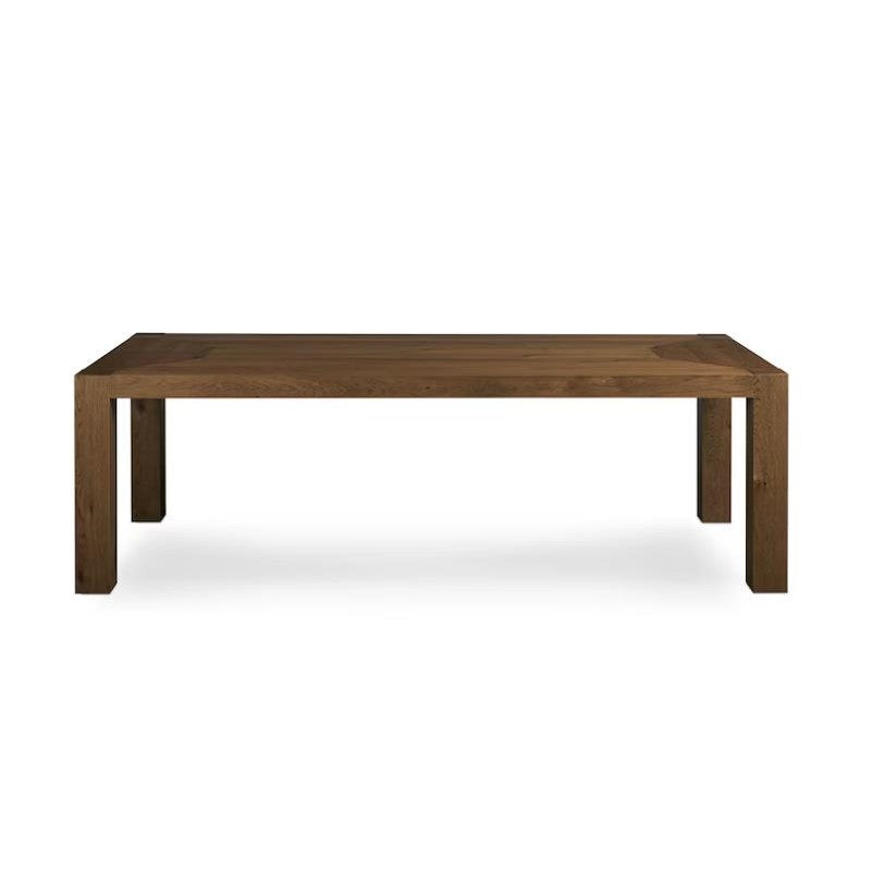 A simple, modern wooden table on a white background.