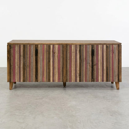 Colorful striped wooden sideboard on a smooth, gray floor.