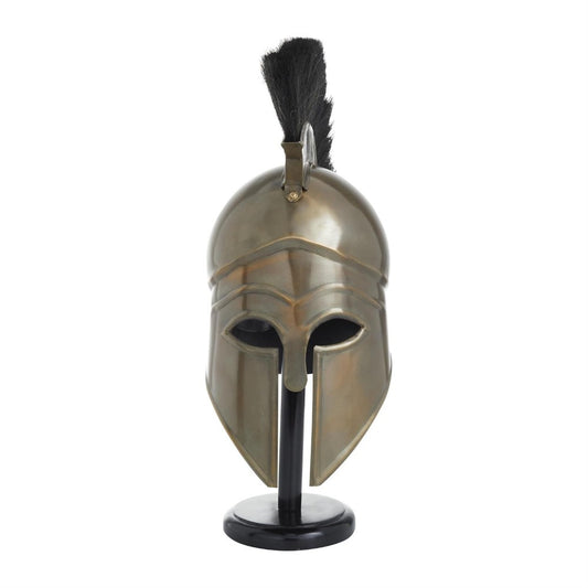 Bronze Greek helmet with crest, displayed on a stand.