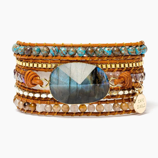 Layered bracelet with blue stone, beads, and gold accents.