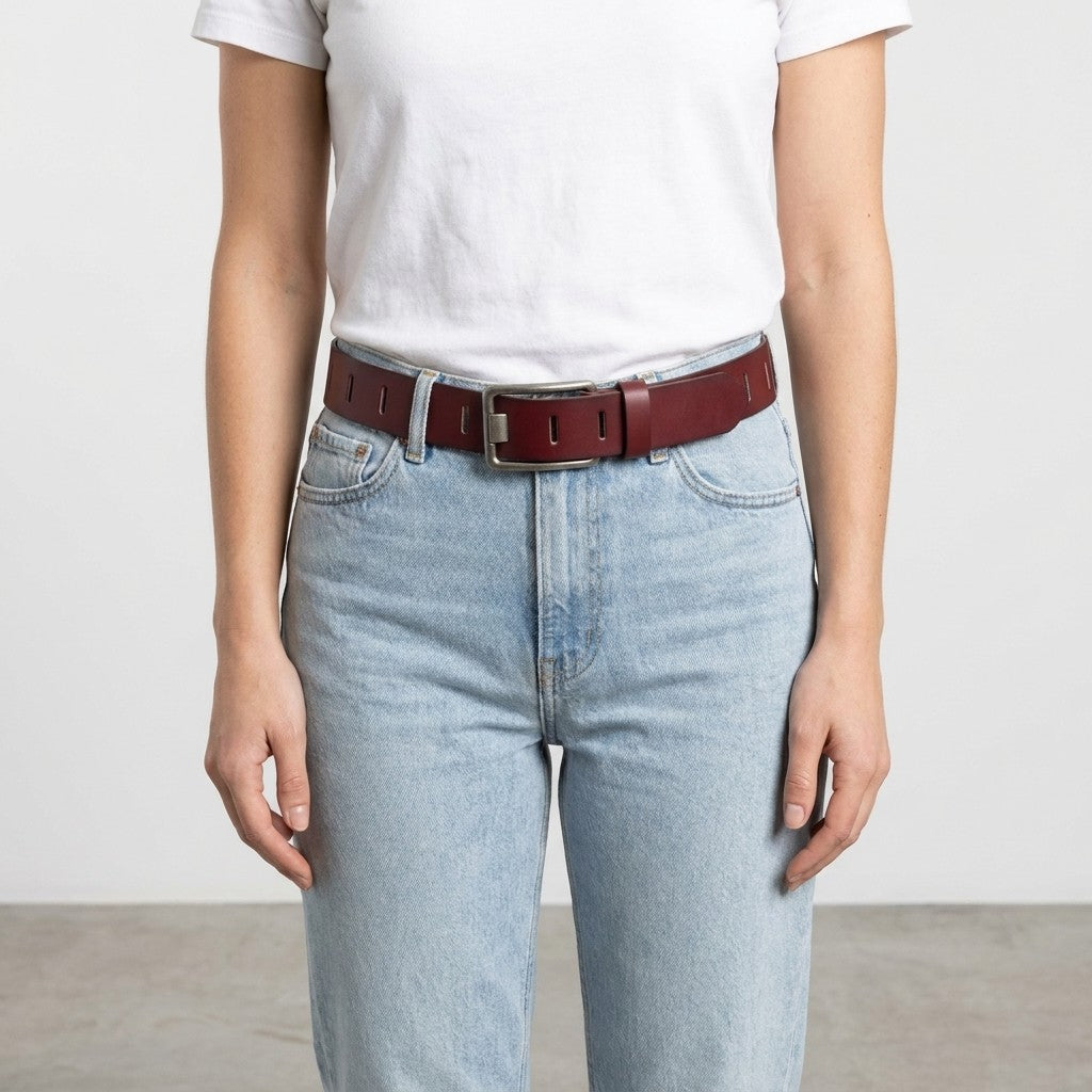 Person in white shirt, blue jeans, maroon belt.