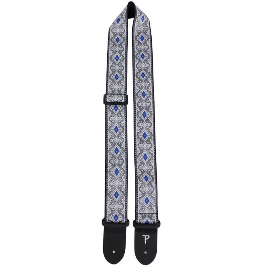 Patterned guitar strap with blue and gray diamond designs.