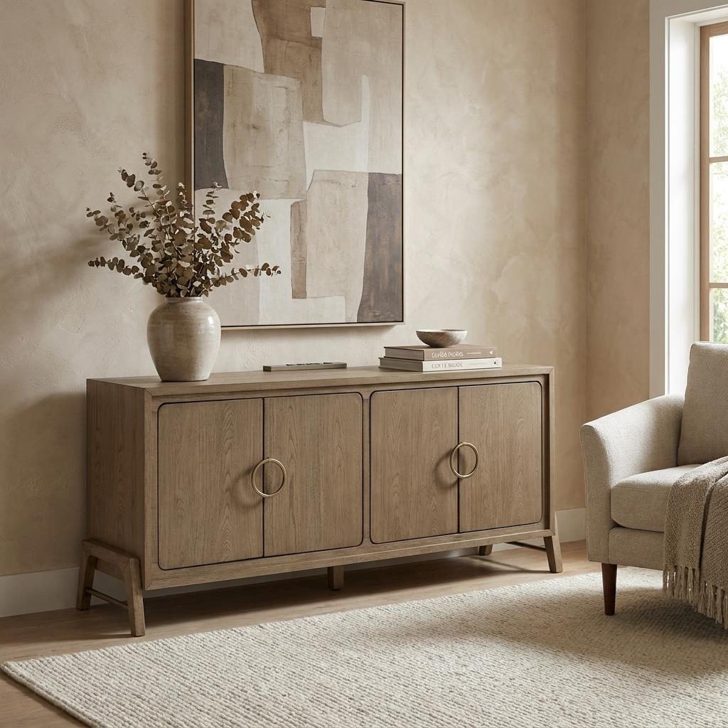 Neutral-toned room with a wooden cabinet and abstract art.