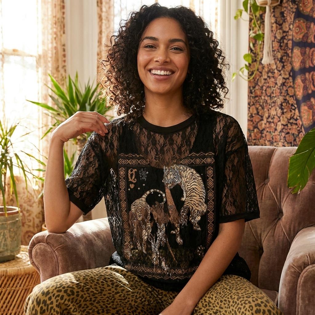 A smiling woman sits in a cozy living room, wearing a black lace top and patterned pants.