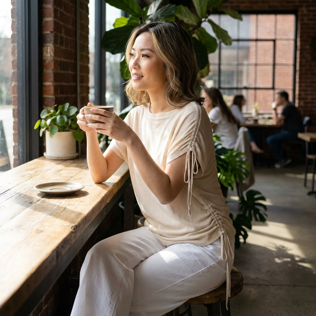 Woman enjoying coffee by a sunny window in a cozy cafe.