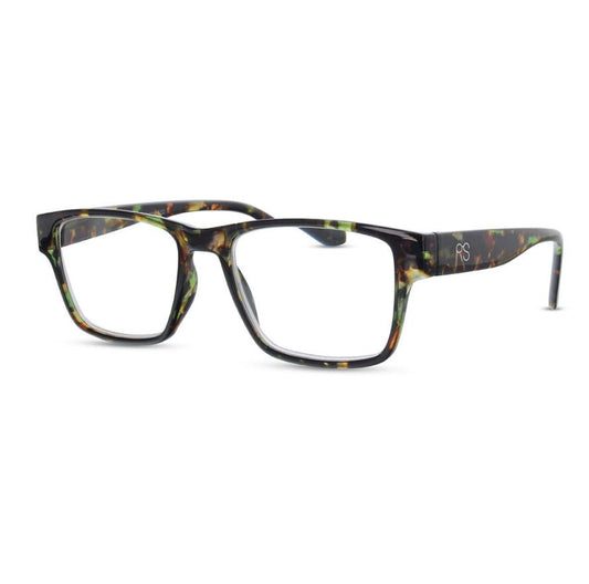 Tortoise-shell square eyeglasses with PS logo on the temple.