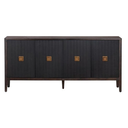 Dark, ribbed sideboard with wooden square handles and sleek legs.