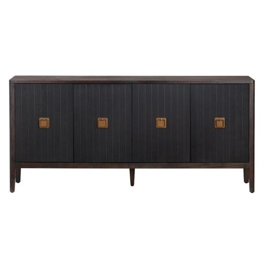Dark, ribbed sideboard with wooden square handles and sleek legs.