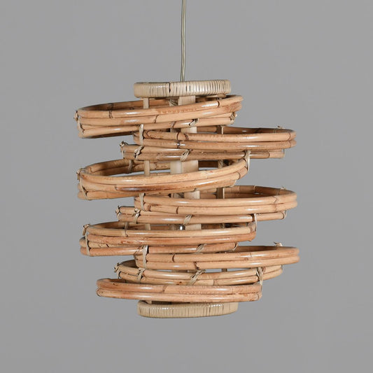 Spiral wooden rattan pendant lamp against a gray background.