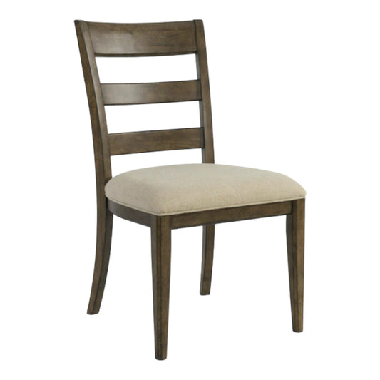 Wooden chair with a ladder back and beige cushioned seat.