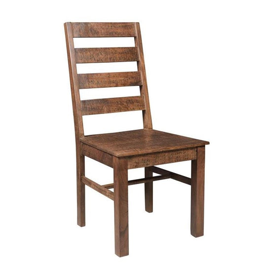 Wooden chair with ladder-back design.