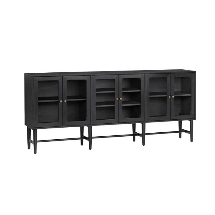 Black cabinet with five glass doors and shelves.