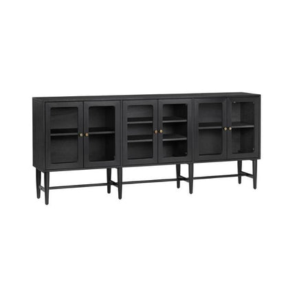 Black cabinet with five glass doors and shelves.
