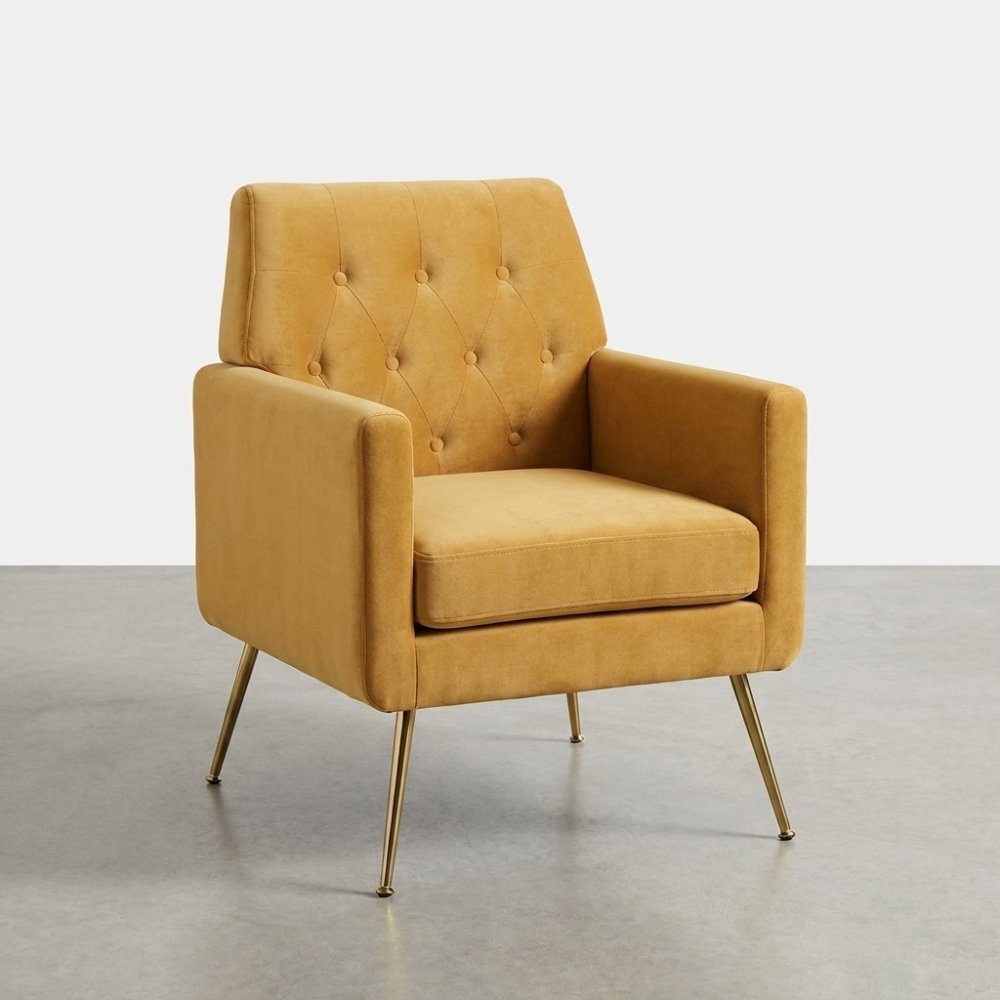 Mustard yellow armchair with tufted back and metal legs.
