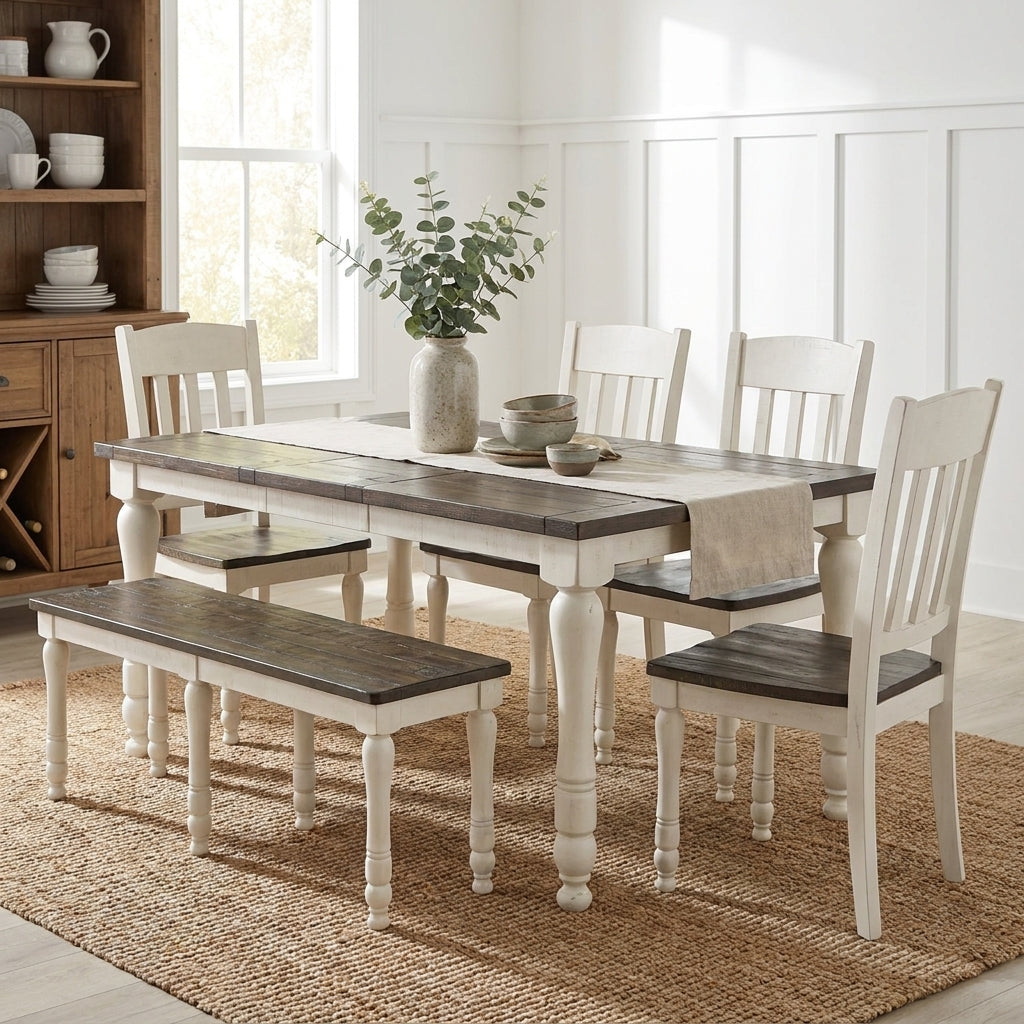 Rustic dining set with a bench and four chairs, white legs, and dark wood tabletop.
