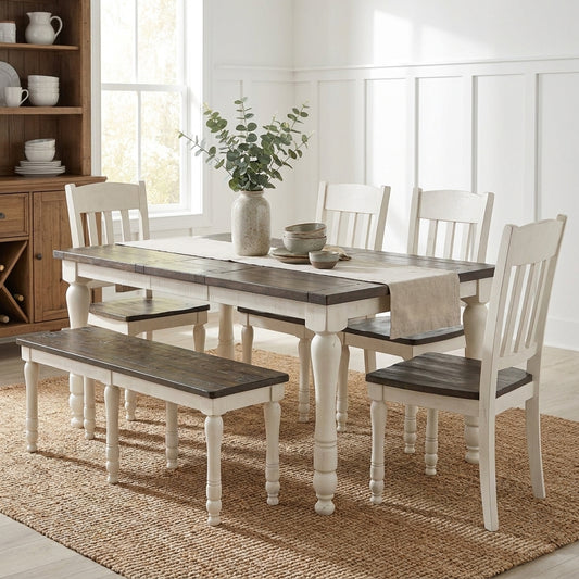 Rustic dining set with a bench and four chairs, white legs, and dark wood tabletop.