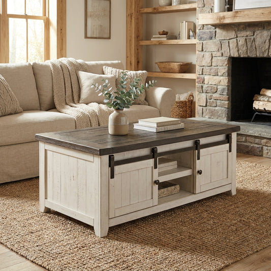 Rustic white coffee table with sliding barn doors and dark top.