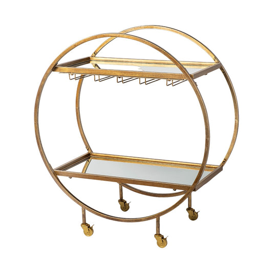 Gold circular bar cart with glass shelves and wheels.