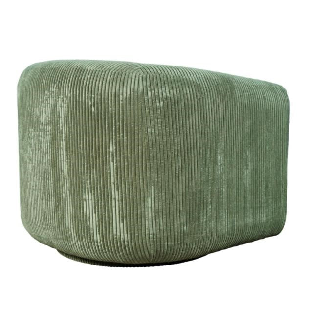 Green corduroy upholstered ottoman in a rounded rectangular shape.