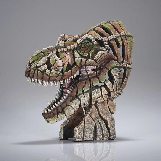 Stone-like T-Rex head sculpture, made of fragmented pieces.