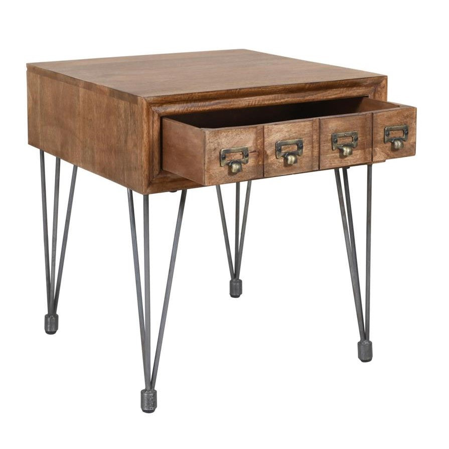 Wooden table with open drawer and metal legs.