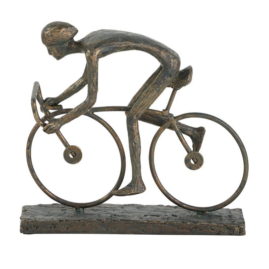 Bronze sculpture of a cyclist on a bike.