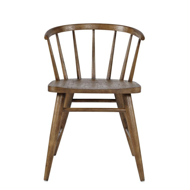 Wooden chair with a curved back and spindle design.