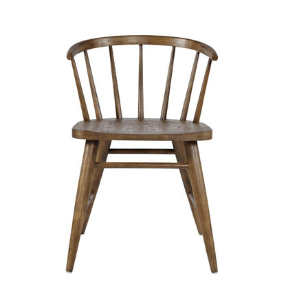 Wooden chair with a curved back and spindle design.