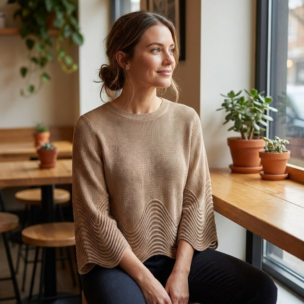 Woman sitting in a cozy cafe, surrounded by plants, looking outside.