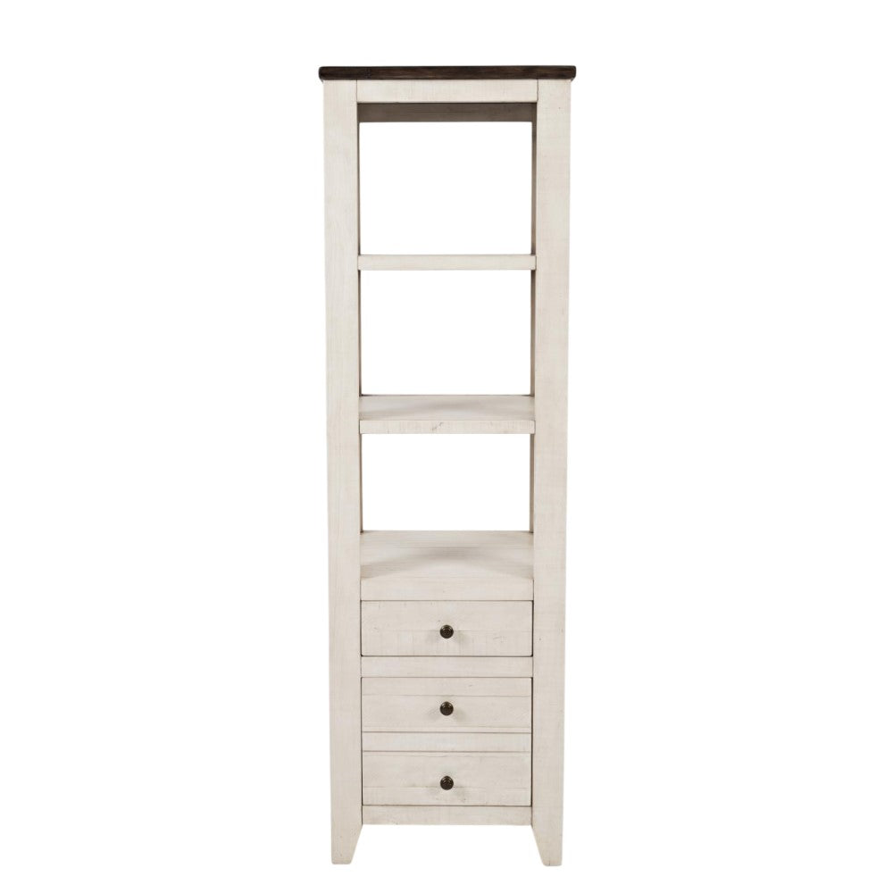 White shelf with drawers and dark top.