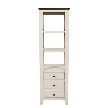White shelf with drawers and dark top.