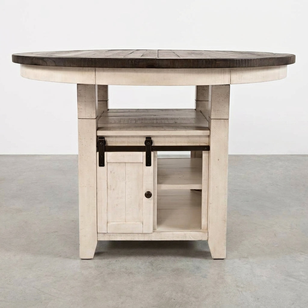 Rustic round table with storage cabinet underneath.