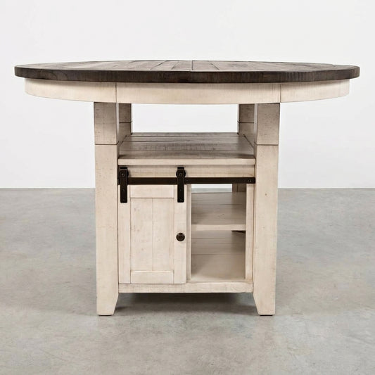 Rustic round table with storage cabinet underneath.