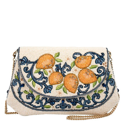 Ornate beaded clutch with orange and blue floral design, gold chain strap.