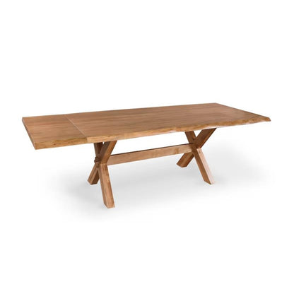 Wooden dining table with trestle base and live edge design.