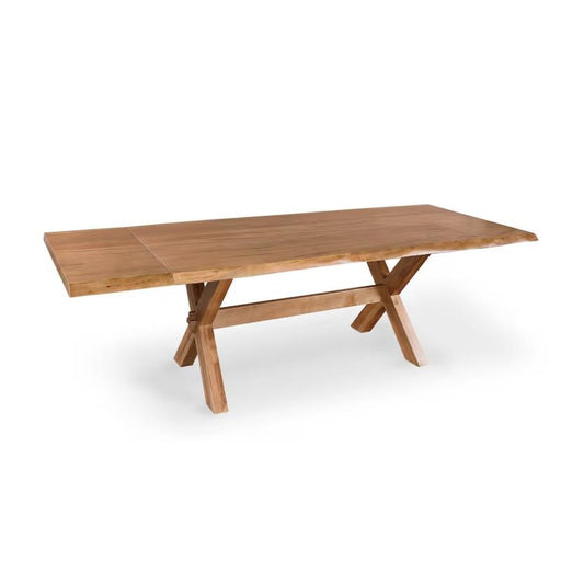 Wooden dining table with trestle base and live edge design.